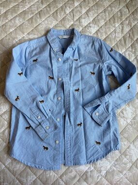 Janie and Jack Light Blue Button-Down Shirt with Embroidered horses 7y